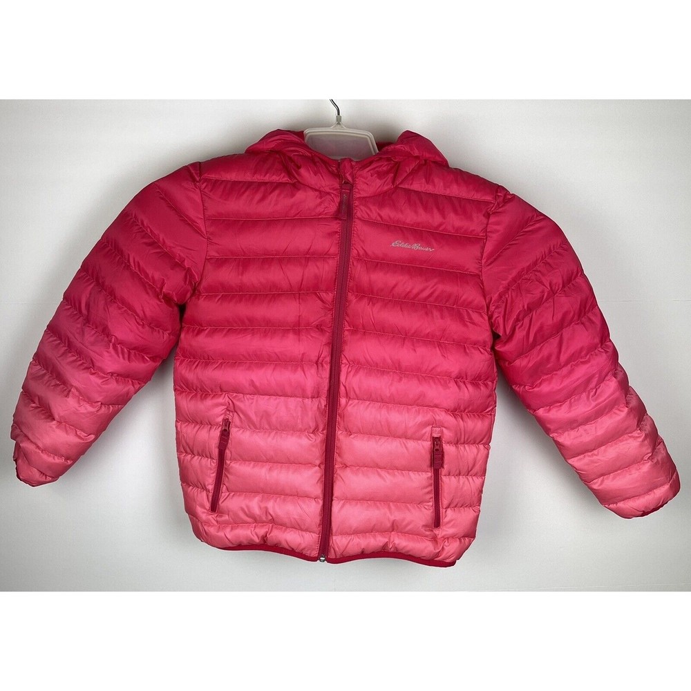 Eddie Bauer Girls PINK Reversible Down Hooded Puffer Jacket Size L 14-16